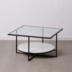 Tavolino da Caffè Bianco Nero Cristallo Marmo Ferro 80 x 80 x 46,5 cm
